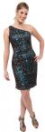 Hand Beaded and Sequined One Shoulder Short Dress in Brown/Turquoise
